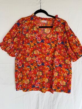 Hailey & Co Bright orange Floral V-Neck Puff Sleeve Blouse 1X